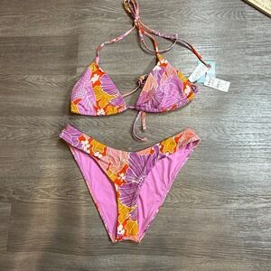 Roxy Tiki Tri and Scoop Bottom Bikini Set Floral Purple XL top large bottom